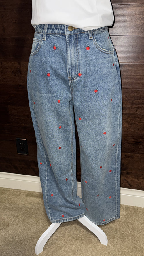 Apple Embroidered Denim Pants