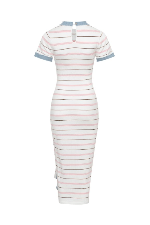 Short Sleeve Knit Dress with Stripe Pattern: Apricot Pink