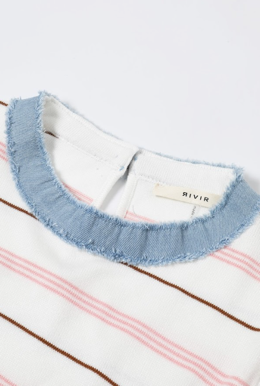 Short Sleeve Knit Dress with Stripe Pattern: Apricot Pink