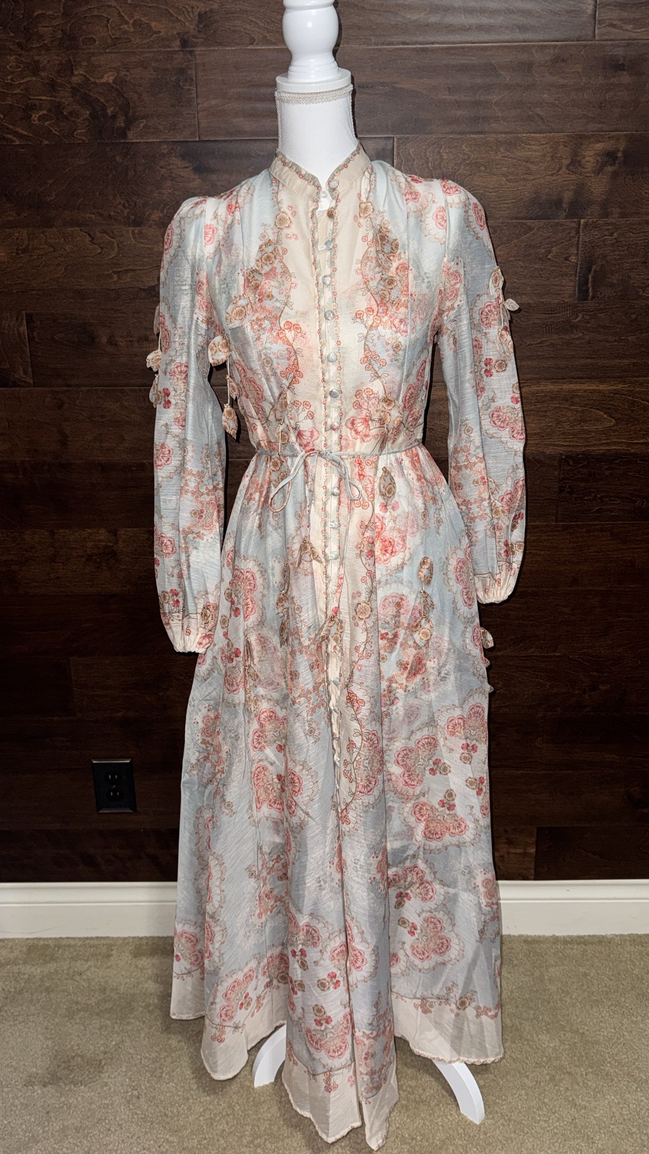 Floral Stand Collar Balloon Sleeve Swing Dress