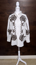 White with Brown Button-Down Long Sleeve Shirt (Oversized)