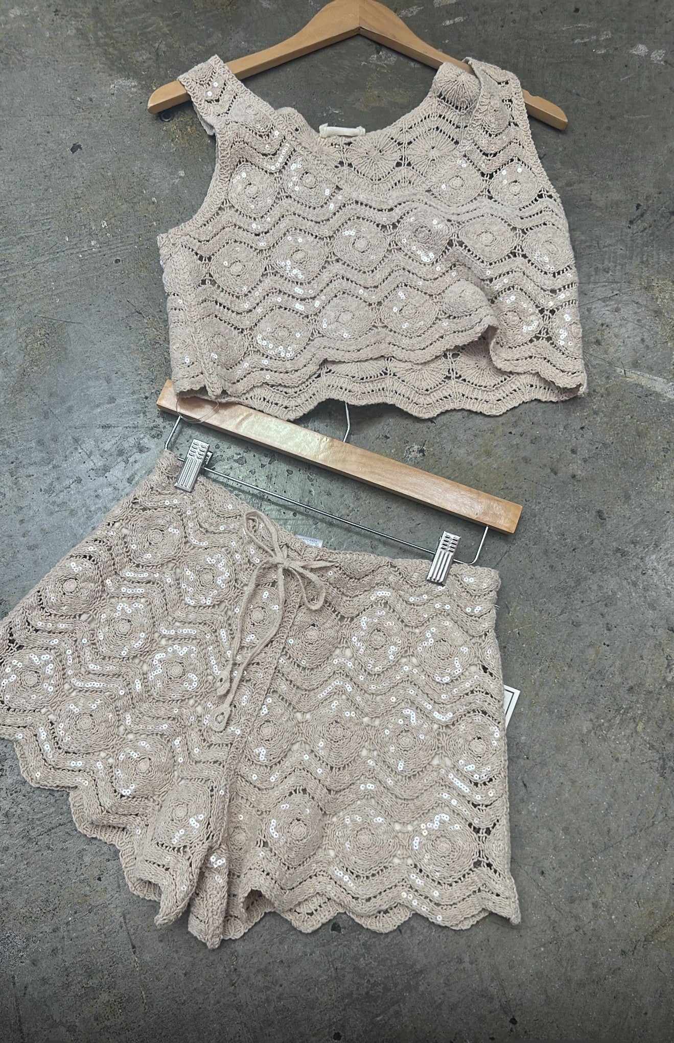 Embellished Crochet Short Set: Tan