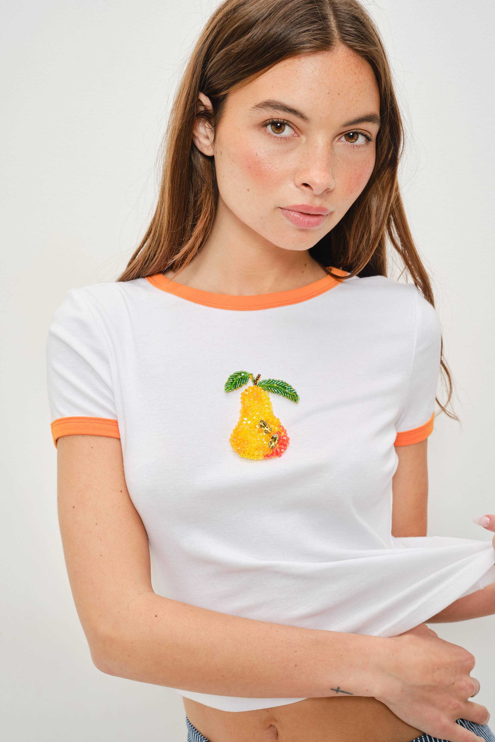 Beaded Pear Crop Top- White/Orange