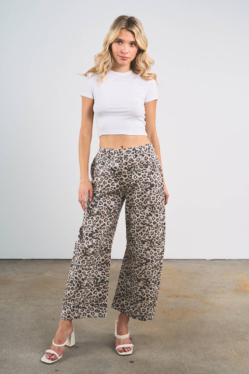 LEOPARD WITH RHINESTONE PANTS: Brown