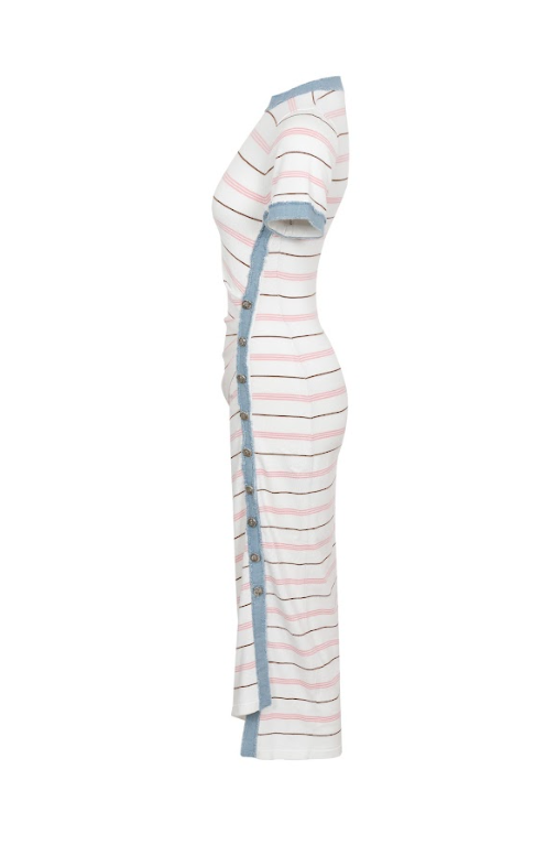 Short Sleeve Knit Dress with Stripe Pattern: Apricot Pink