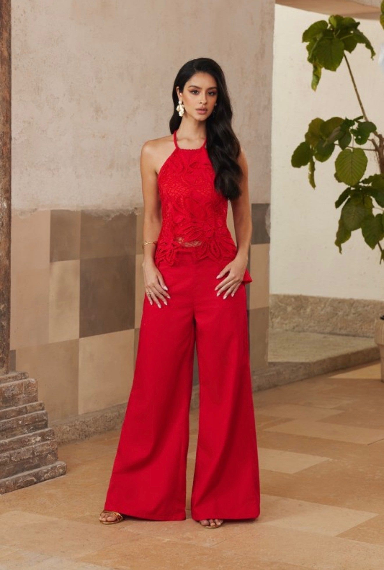 Two Piece Tank Top Pant Set: Red