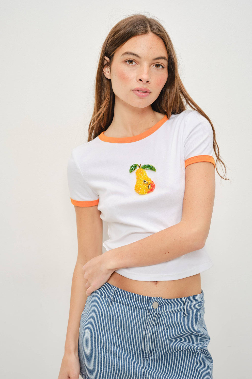 Beaded Pear Crop Top- White/Orange