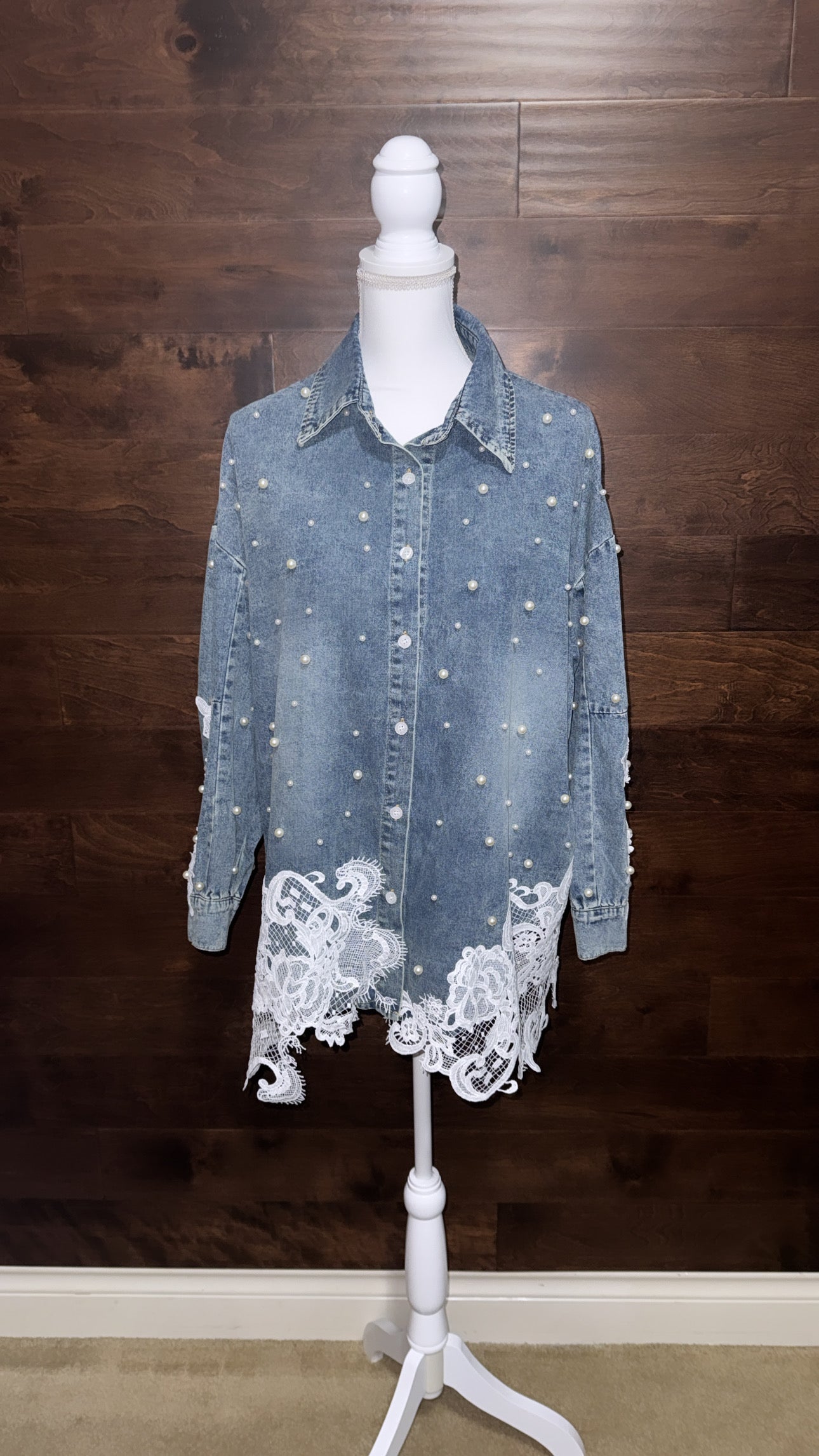Pearl Embellished Lace Denim Blouse/Jacket (Oversized)
