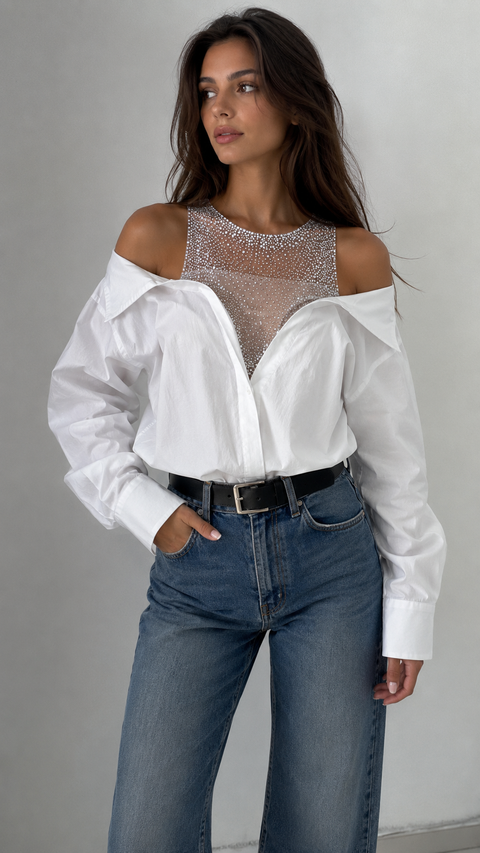 Bedazzled Long Sleeve Blouse- White