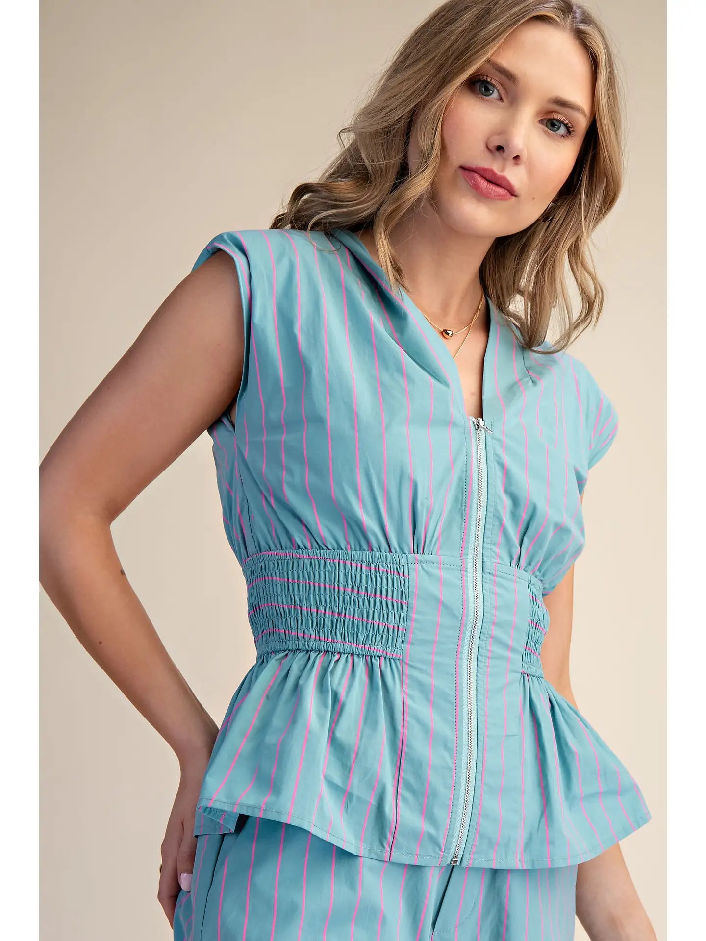 Waist Smocked Front Zip Stripe Short Set- Teal/Pink