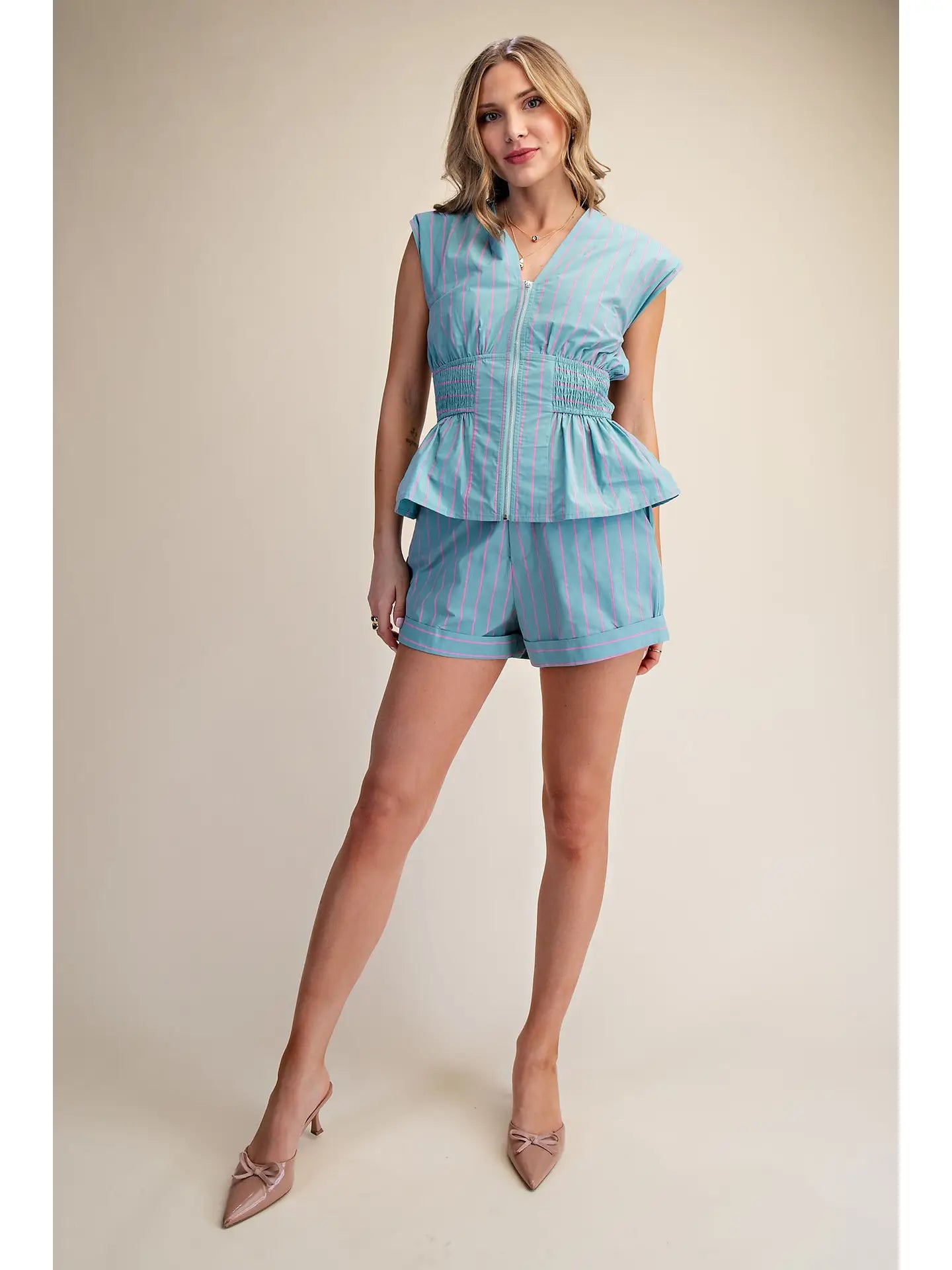 Waist Smocked Front Zip Stripe Short Set- Teal/Pink