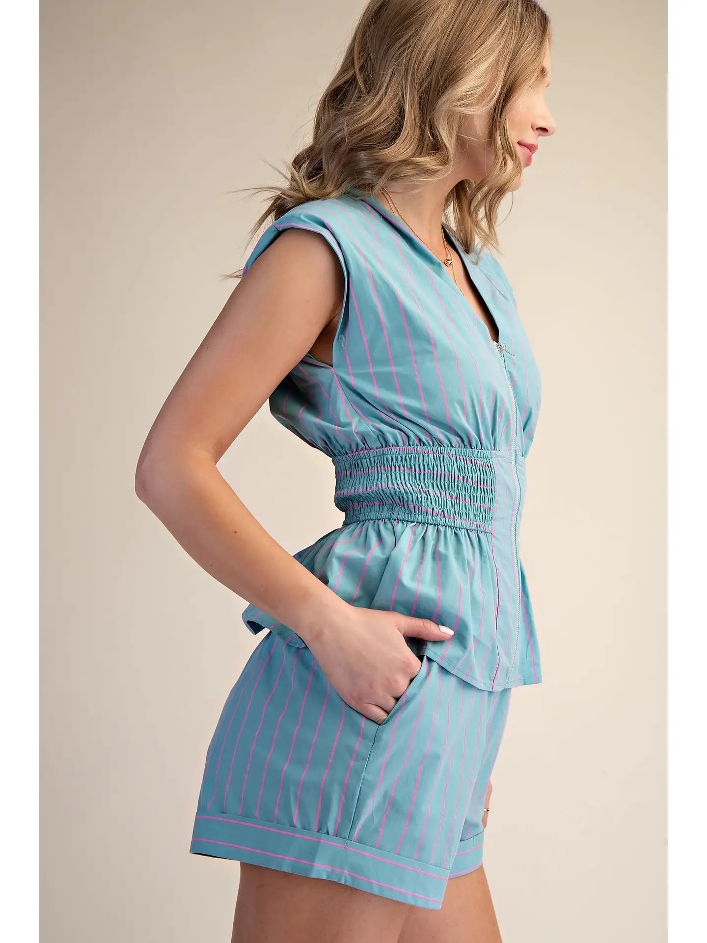 Waist Smocked Front Zip Stripe Short Set- Teal/Pink