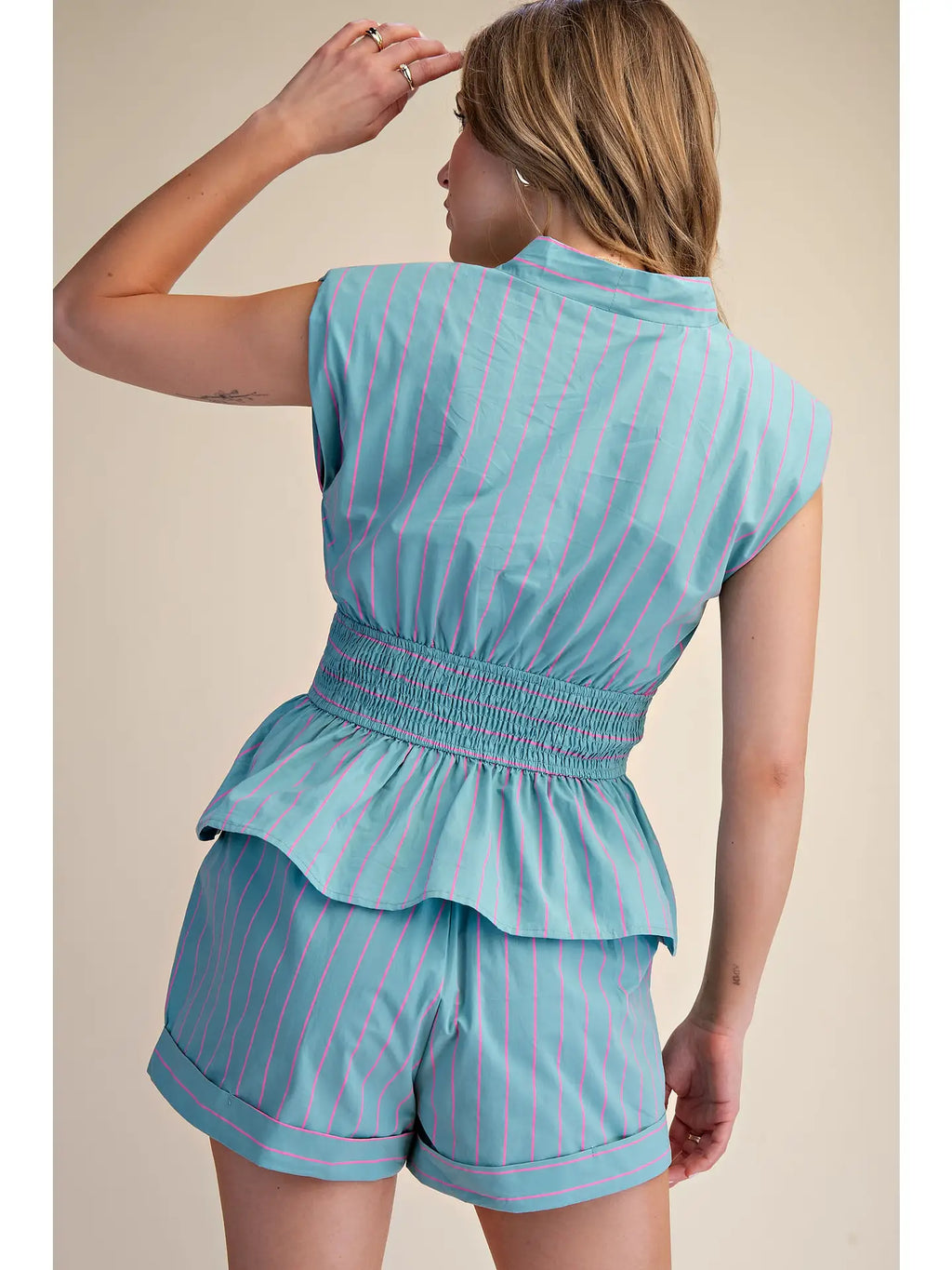 Waist Smocked Front Zip Stripe Short Set- Teal/Pink