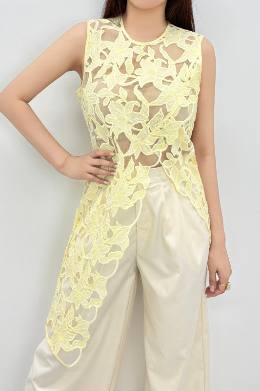 Floral EMBRO Sheer Asymmetrical Blouse- Yellow