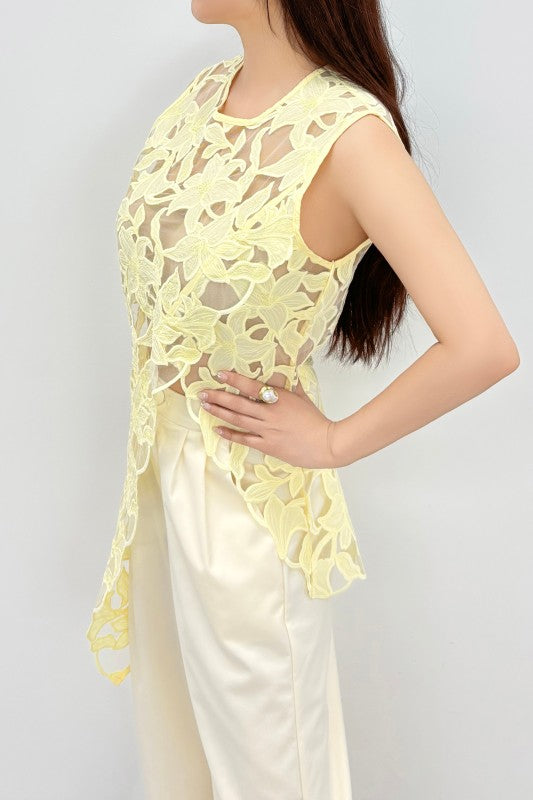 Floral EMBRO Sheer Asymmetrical Blouse- Yellow