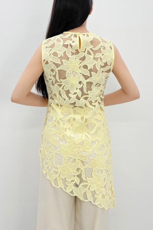 Floral EMBRO Sheer Asymmetrical Blouse- Yellow