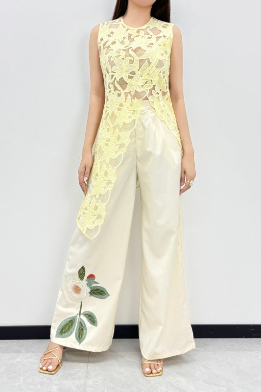 Floral EMBRO Sheer Asymmetrical Blouse- Yellow