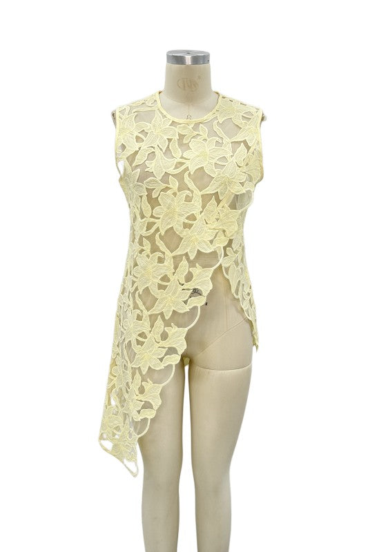 Floral EMBRO Sheer Asymmetrical Blouse- Yellow