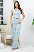 Rhinestone Cargo Jeans- Blue