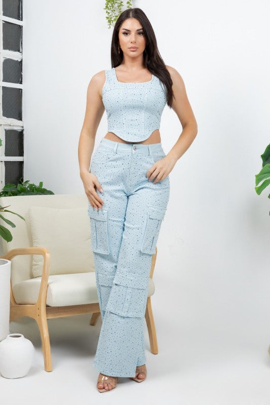 Rhinestone Cargo Jeans- Blue
