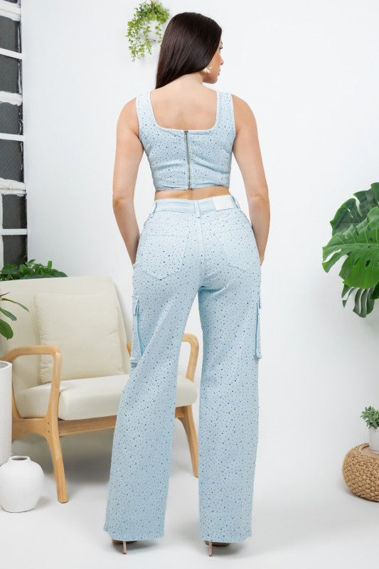 Rhinestone Cargo Jeans- Blue
