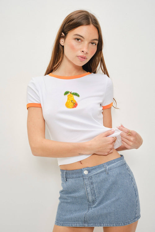 Beaded Pear Crop Top- White/Orange