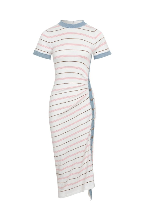 Short Sleeve Knit Dress with Stripe Pattern: Apricot Pink