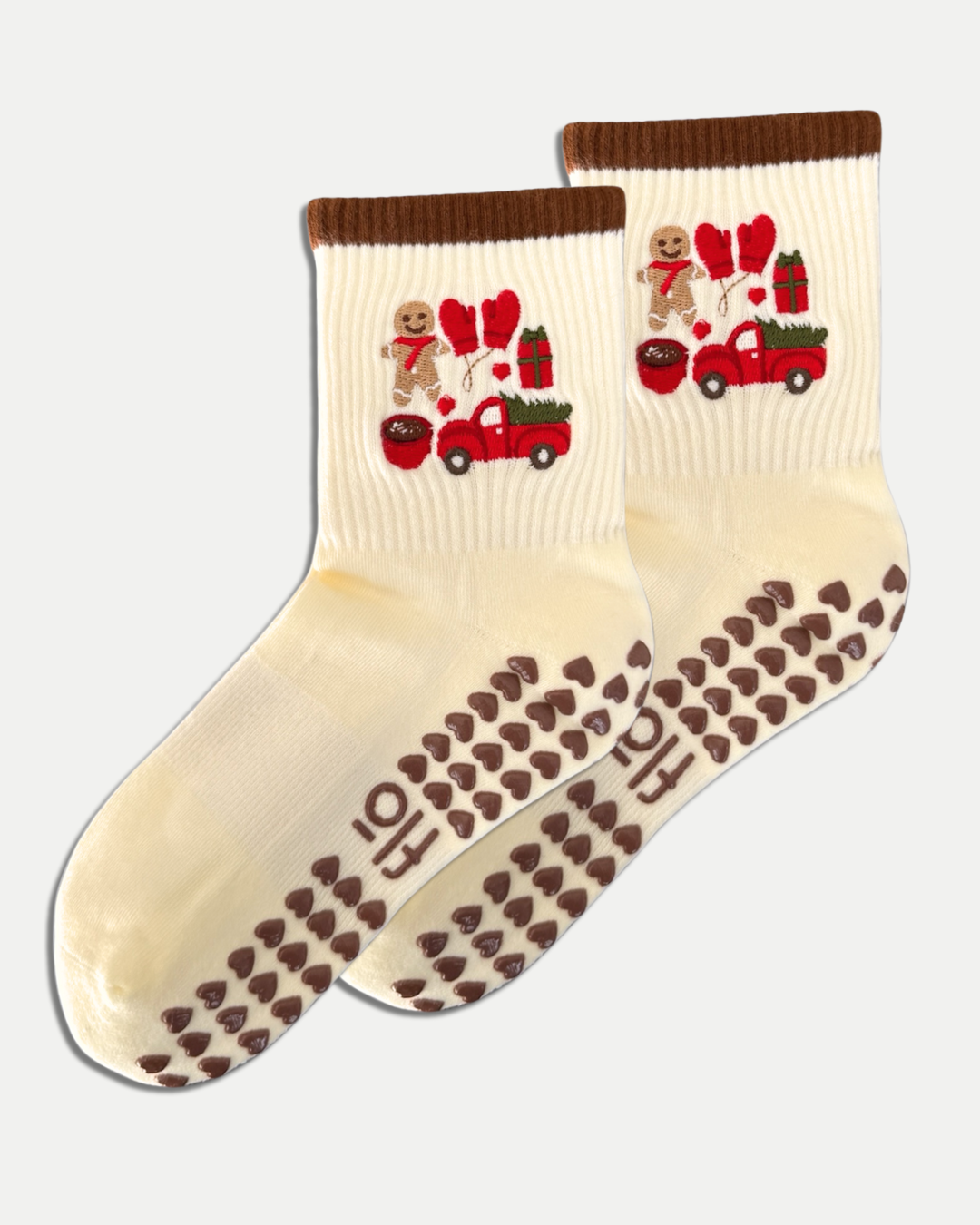 GINGERBREAD LANE CREW GRIP SOCKS - CREAM/BROWN: M-L