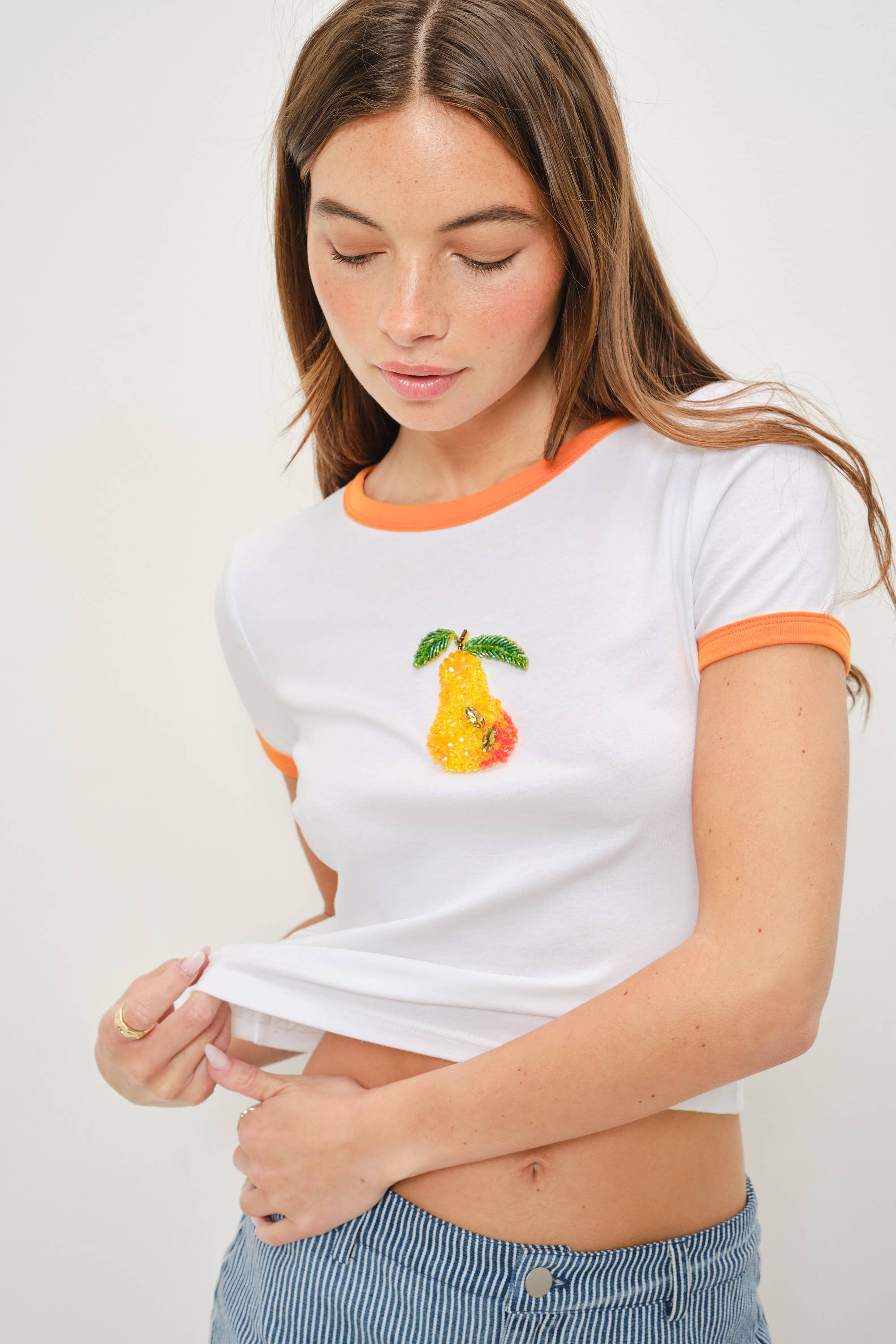 Beaded Pear Crop Top- White/Orange