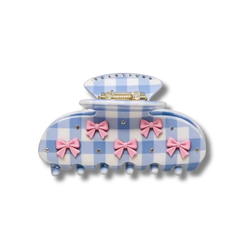 BLUE GINGHAM PINK BOW EMBELLISHED CLAW HAIR CLIP
