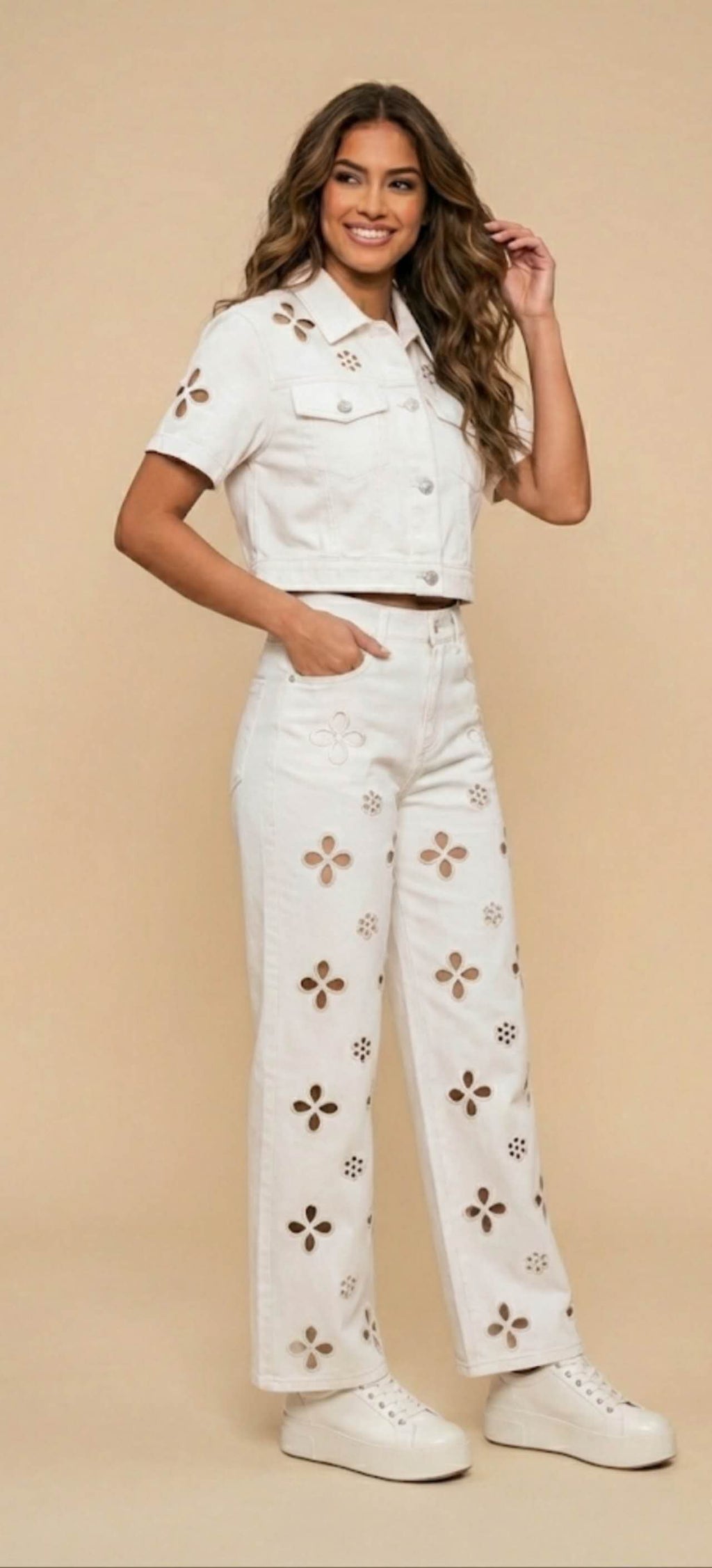 Two Pieces Denim Pants Set White